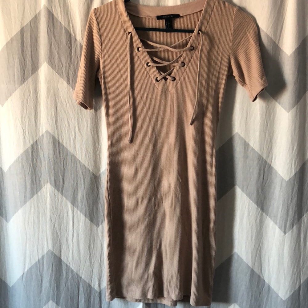 Tan lace up front dress